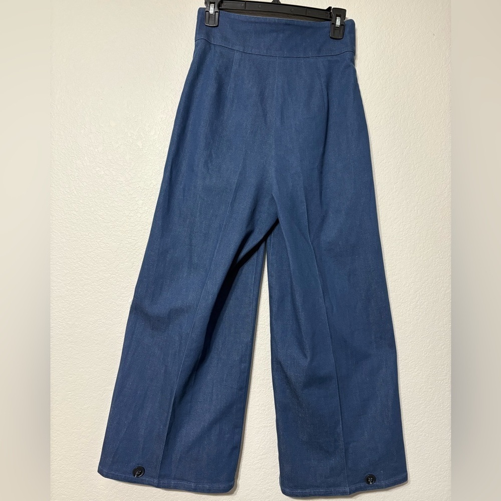 Meg Denim Blue Trousers/Palazzo Wide Leg, Ultra High Rise. Adj. Ankle, Pockets. - Picture 2 of 16